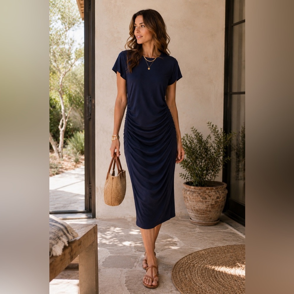 Velvet Graham Spencer Navy Ruched Midi Dress S